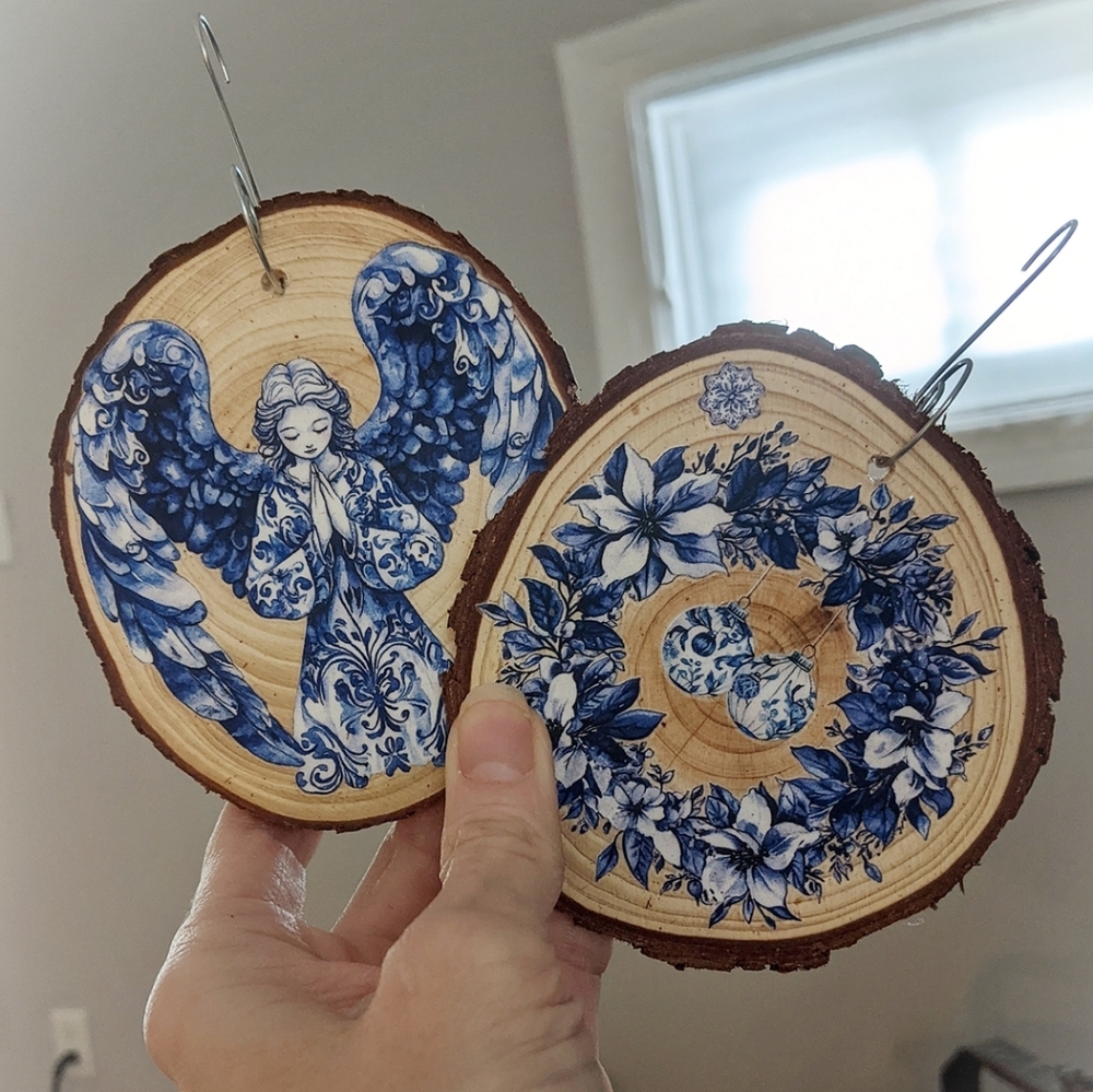 Blue Toile XL ornaments (2) - handmade wooden holiday decoration Christmas/Yule